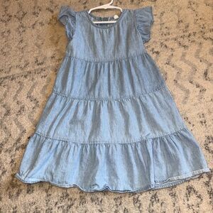 Girls Light Blue Denim Tiered Dress with Ruffle Cap Sleeves